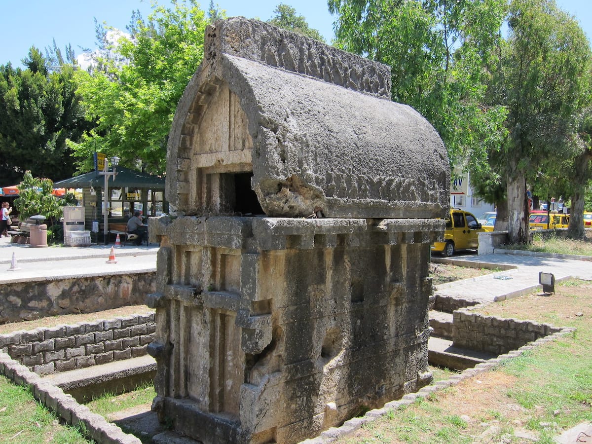 Lycian sarcophagus near cultural centre in Fethiye.