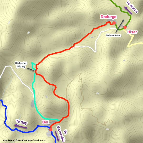 Map showing the Lycian Way between Dodurga and Bel.