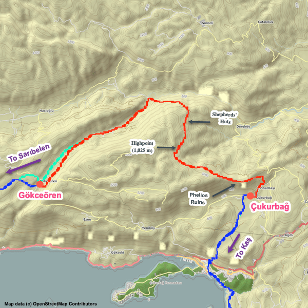 Map of the Lycian Way between Gökceören and Çukurbağ.