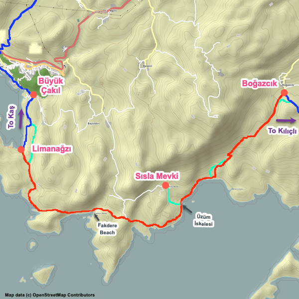 Map of the Lycian Way between Limanağzı and Boğazcık.