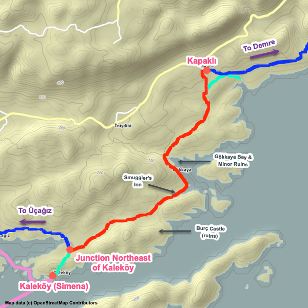 Map of the Lycian Way between Kaleköy and Kapaklı.