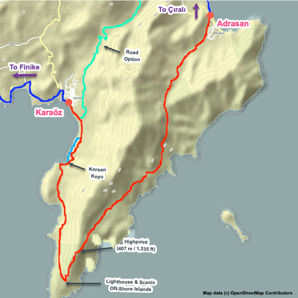 Map of the Lycian Way between Karaöz and Adrasan.