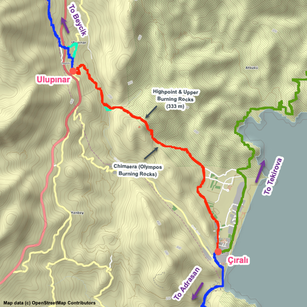 Map of the Lycian Way between Çıralı and Ulupınar.