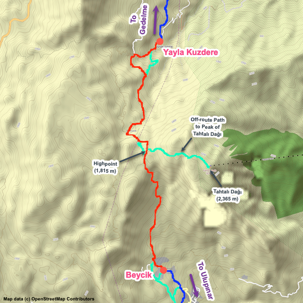 Map of the Lycian Way between Beycik and Yayla Kuzdere.